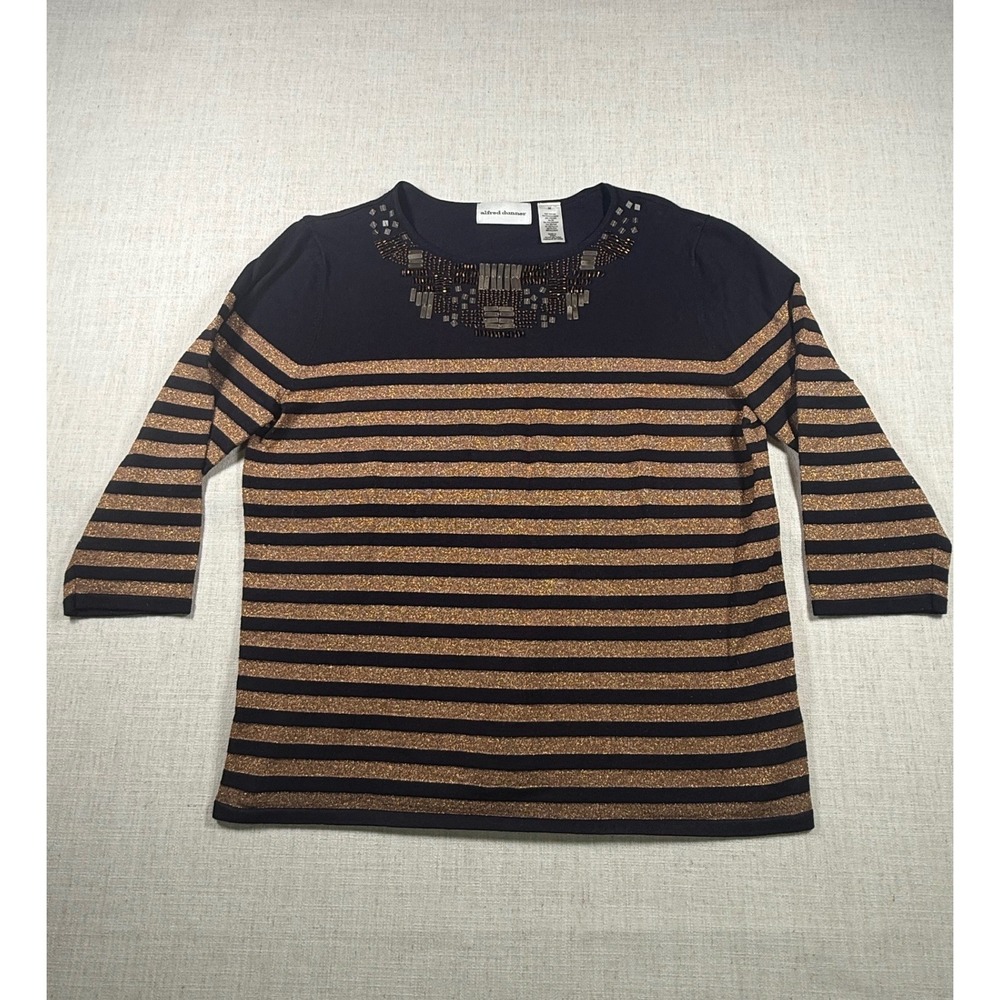Alfred Dunner Women's Medium Black Gold Metallic Striped Beaded Neck Knit Top